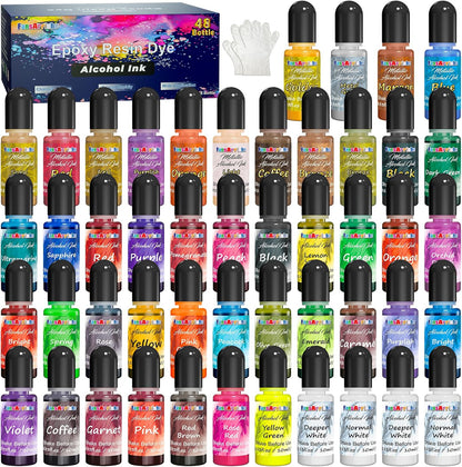 FansArriche Alcohol Inks for Resin, 48 Colors High Concentrated Alcohol Ink Set for Epoxy Resin, Alcohol-Based Resin Ink for Coasters, Fluid Painting Crafts, Tumbler Making, 10 ml Each