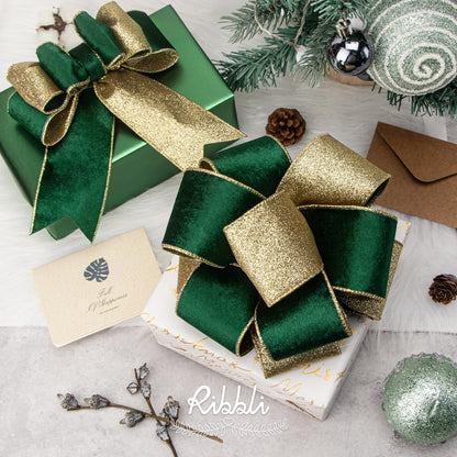 Ribbli Forest Green Velvet Wired Ribbon 2.5 Inch Green Velvet with Gold Glitter Christmas Ribbon for Christmas Tree Decoration Big Bow Gift Wrapping Crafts Wreaths Supplies- 10 Yards - Crafty Corner