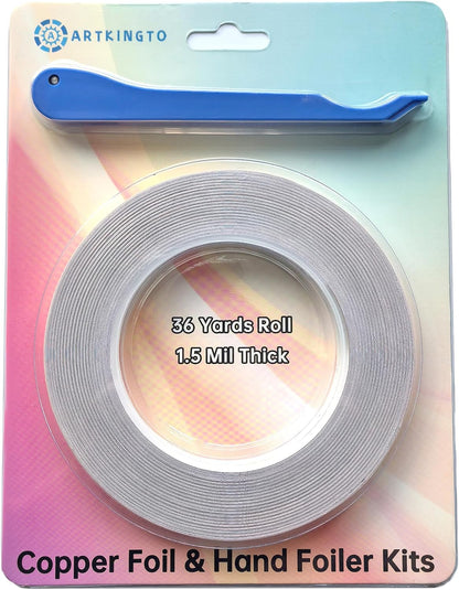 1/4 Inch Silver Backed Copper Foil for Stained Glass, 1.5 Mil Thick, 36 Yards 2 Rolls, with Copper Foil Hand Foiler