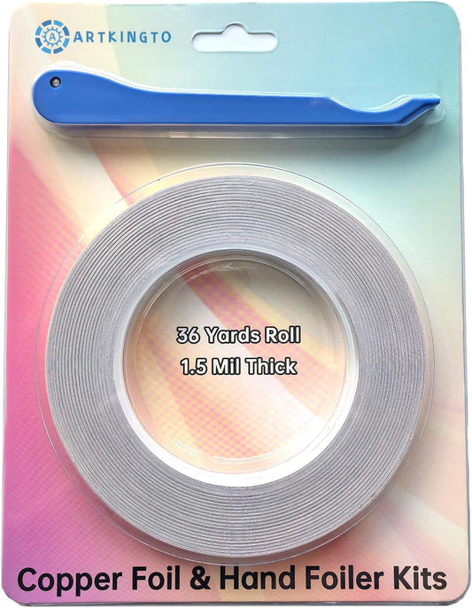 1/4 Inch Silver Backed Copper Foil for Stained Glass, 1.5 Mil Thick, 36 Yards 2 Rolls, with Copper Foil Hand Foiler