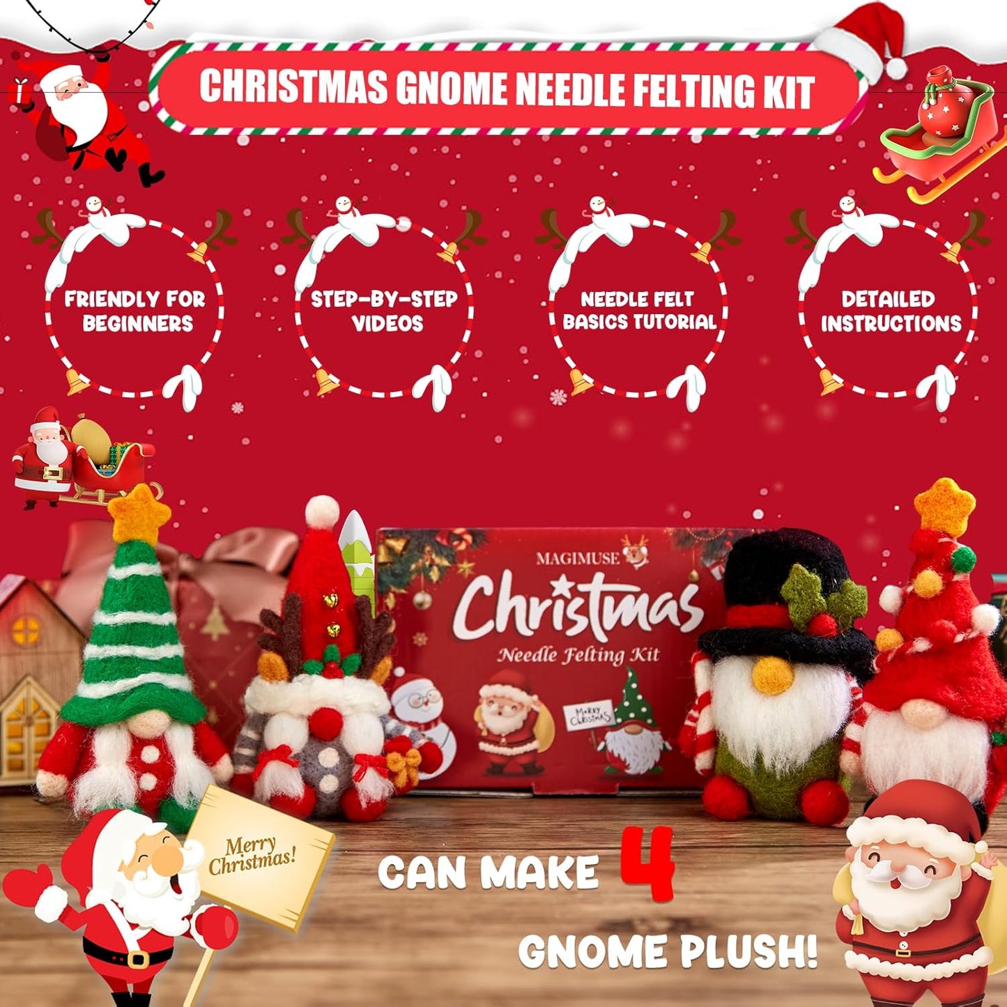 MAGIMUSE Needle Felting Kit, Needle Felting Starter Kit with Basic Felt Tools, Christmas Gnome Needle Felting Kit for Beginners, DIY Wool Needle Felting Supplies for Christmas Festival Crafts