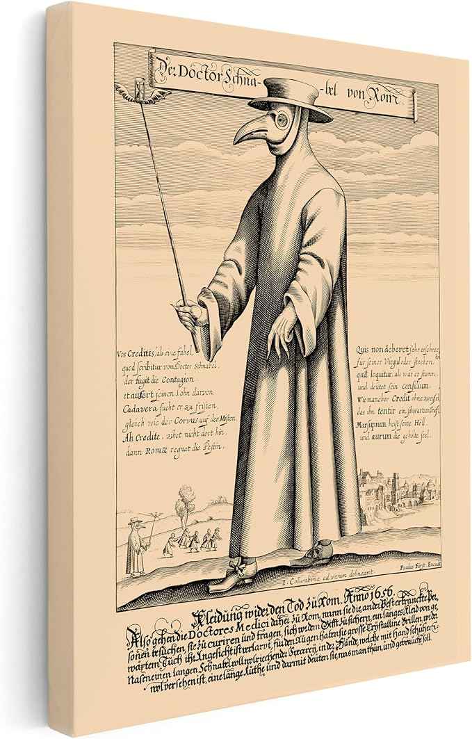 Poster Master Doctor Schnabel from Rome Canvas - Retro Plague Doctor Print - Medieval Art - Gift for Men & Women - Great Wall Decor for Dorm, Living Room or Bedroom - 18x24 STRETCHED Canvas