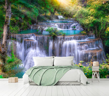 AFZEVEB-Green Waterfall Nature Landscape Wallpaper Wall murals for Kids Room 136"x96"(Not Peel and Stick)