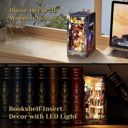 3D Wood Puzzle Book Nook Kit, DIY Magical Miniature Dollhouse with LED Light, Magic Night Alley Bookshelf Insert Bookend for Display, 3D Puzzle Craft Set for Adults(Magic Night Alley)