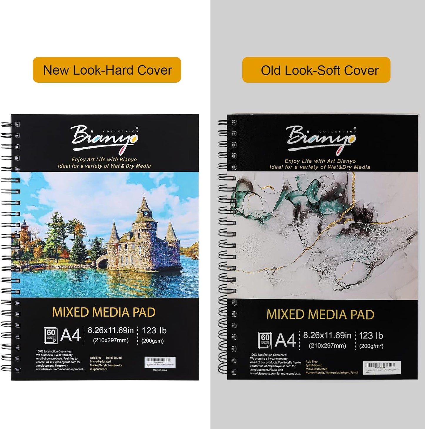 Bianyo Mixed Media Paper Pad, A4 (8.26" X 11.69"), 60 Sheets/Each, 123 LB/200 GSM, Pack of 1 Pad, Spiral-Bound Pad, Ideal for Wet & Dry Media Like Art Marker, Watercolor, Acrylic, Pastel, Pencil - Crafty Corner