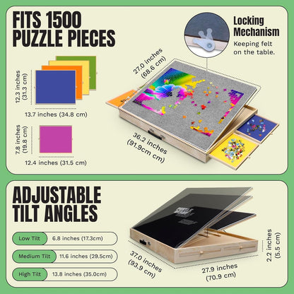 Puzzle Ready Wood Jigsaw Puzzle Board - 1500pc, 36x27in, 3 Angles - Color-Coded Trays & Drawers Organizer & Storage - Ergonomic Tilt Surface - Portable Puzzle Table with Drawers