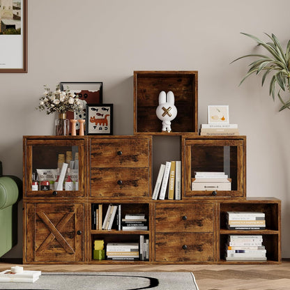 FUSUNBAO Magic DIY Cube Storage Organizer Stackable Cubes for Home Books Clothes Toy-Modular Cubby Storage System-Office Cubical-Bookcase Closet(Antique Brown, Glass Door Cube)