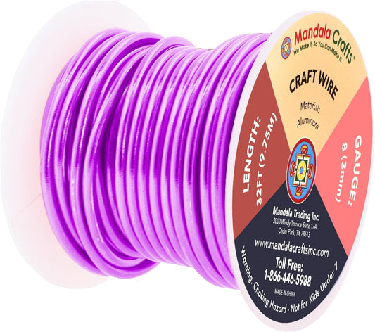 Mandala Crafts 8 Gauge Anodized Aluminum Craft Wire for Jewelry Making - 32 FT Colored Flexible Violet Wire - Bendable for Bonsai Armature Crafting Sculpting - Crafty Corner