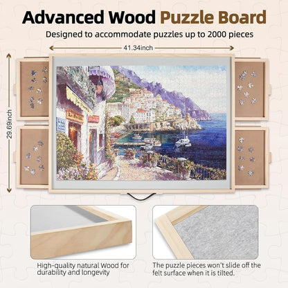 ALL4JIG 2000 Pieces Rotating Puzzle Board with 4 Drawers & Lazy Susan, 40.1" × 28.5" Wooden Jigsaw Puzzle Table with Cover, Portable Puzzle Board