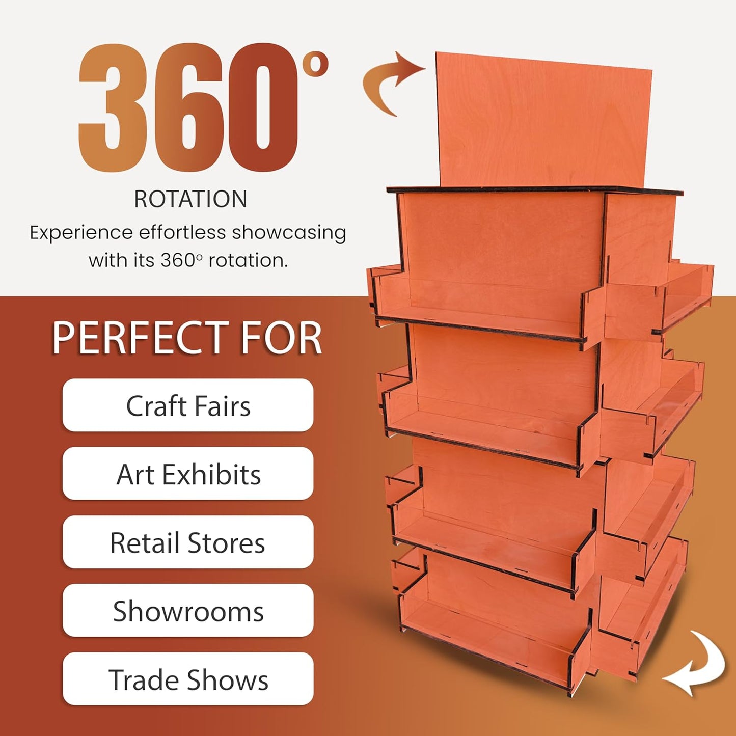 TORCHED DISPLAYS 4-Sided Rotating Display Stand - Craft Shows, Trade Shows, Markets - Small & Medium-Sized Items like Stickers, Postcards, Coasters, Note Pads, Napkins, Easy to Assemble (Orange)