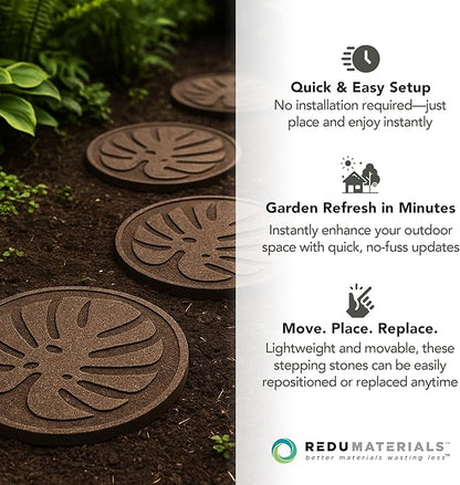 Garden Central 4-Pack 18”x18” Fake Tropical Leaf Rubber Stepping Stones, Round, Brown – Reversible Non-Slip Outdoor Faux Decorative Set for Landscaping – DIY Decor for Walkways & Yard Pathways
