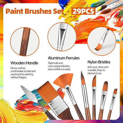 29 pcs Paint Brush Set,GETHPEN Acrylic Paint Brushes,Artist Series with Wide Flat,Round, Filbert, Flat, Fan,Angle,Dagger,Cat Tongue,Detail Brush,Rigger for Oil,Acrylic Canvas Paintings,Face Painting