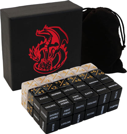 MTG dice Set with counters - 50 dice Including keyword, +1 to +6, -1 to -6 counters for Final Fantasy Magic The Gathering, Comes with Storage Box and Velvet Pouch(Text Version)