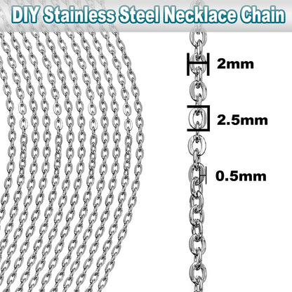 Jishi 33ft Silver Stainless Steel Chain 2mm Jewelry Necklace Link Cable Chain for Jewelry Making Bracelets Earring Craft Supplies DIY Findings - Metal Rolo Link Chain Roll w/Lobster Clasps, Jump Rings