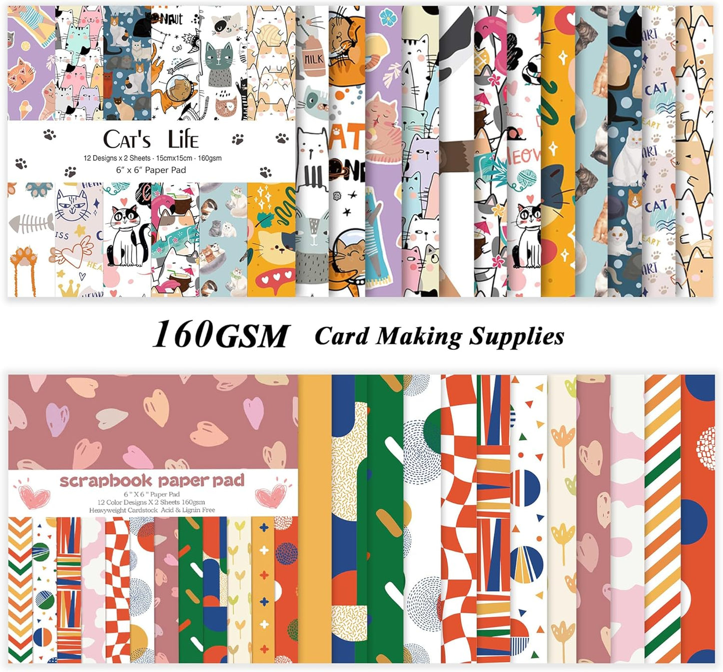 48 Sheets 24 Designs Scrapbook Paper Pad, 6"×6" Single-Sided Decopodge Craft Cardstock Paper,Scrapbooking DIY Decorative Background Cardmaking Supplies.Cat's Life&Sweet Love - Crafty Corner