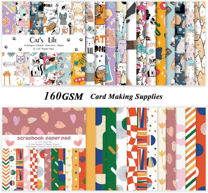 48 Sheets 24 Designs Scrapbook Paper Pad, 6"×6" Single-Sided Decopodge Craft Cardstock Paper,Scrapbooking DIY Decorative Background Cardmaking Supplies.Cat's Life&Sweet Love - Crafty Corner