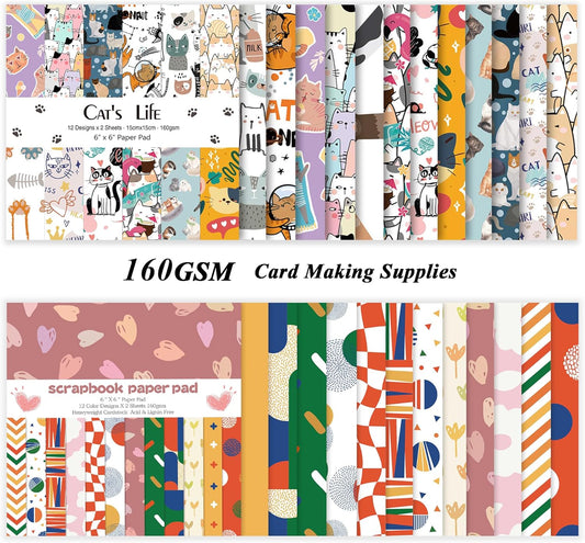 48 Sheets 24 Designs Scrapbook Paper Pad, 6"×6" Single-Sided Decopodge Craft Cardstock Paper,Scrapbooking DIY Decorative Background Cardmaking Supplies.Cat's Life&Sweet Love - Crafty Corner