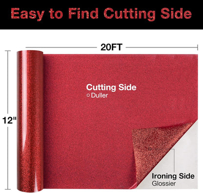 TORC Red Glitter HTV Heat Transfer Vinyl Roll 12 inch x 20 ft Iron on Vinyl for T Shirts Crafts Bulk