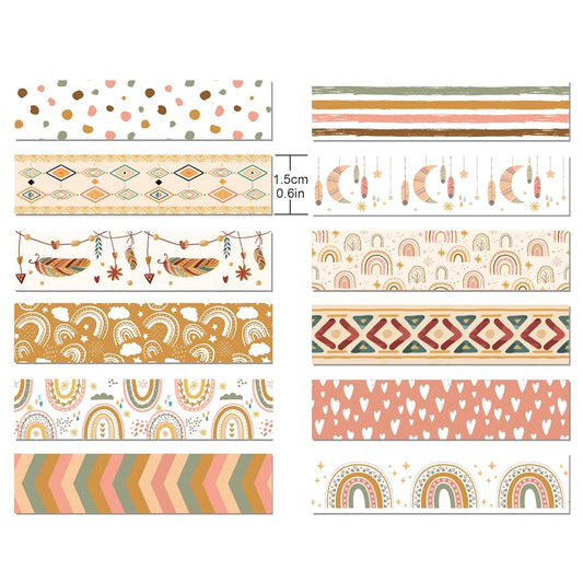 12 Rolls Washi Tape Boho Washi Tape Set Vintage Rainbow Sun Stars Masking Tapes Decorative Paper Stickers Decorative Tapes for DIY Art Crafts Wrapping Decor Junk Journal Scrapbooking Gifts Stickers