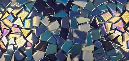 Irregular Glass Mosaic Tiles Bulk 500g Glossy and Iridescent Mosaic Glass Tiles for DIY Projects and Arts and Crafts Solid Colors and Mixes (Iridescent Dark Blue, Periwinkle & Sky Blue Mix)