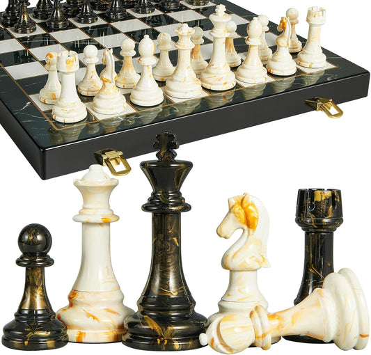 15" Large Chess Set for Adults- Weighted Acrylic Pieces Including Extra 2 Queens, 3.5" King w/Leather Base, Portable Folding Marbling Wooden Chess Board - Travel/Family Game & Elegant Gift