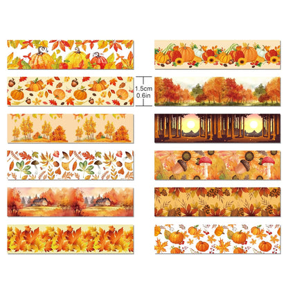 12 Pcs Thanksgiving Washi Tape Maple Leaf Print Masking Tape Pumpkin Pattern Decorative Paper Sticker for Fall Party Holiday Scrapbook DIY Craft Gift Wrapping Handbook Sticker