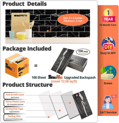 100 Pieces Peel and Stick Backsplash for Kitchen, 3" x 6" PVC Subway Tile Upgraded Nero Marquina with White Grout Backsplash Stick on Tile Elevate Kitchen, Bathroom, Fireplace,RV