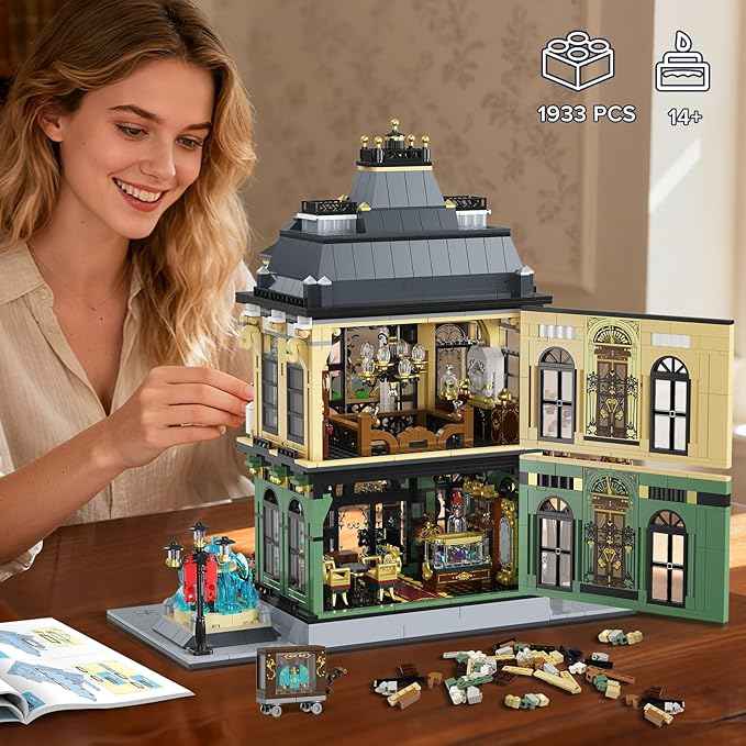 INSOON City Jewelry Store Building Set with Lights & Cart Fountain, 1933 PCS Street House Modular Construction Model, Home Decor Big Jewelry Shop Building Block Kit, Gift for Adults Boys Girls 14+