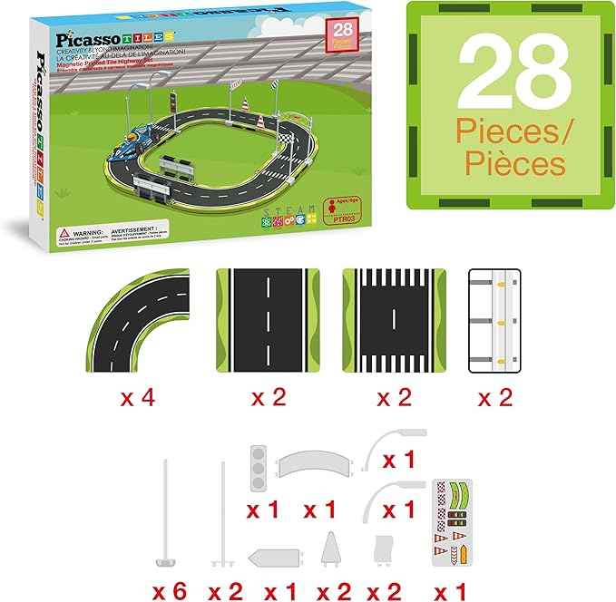 PicassoTiles Magnet Tile Building Block Construction Toy Set Street Sign Traffic Kit Highway Road Race Track with Bumper Barricade Accessory Sticker Education Magnetic Tiles Kids Age 3+ PTR03