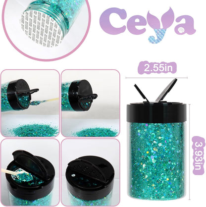 Ceya Holographic Chunky Glitter, 4.9oz/ 140g Cyan Craft Glitter Powder Mixed Fine Flakes Iridescent Nail Sequins for Nail Art, Hair, Epoxy Resin, Tumblers, Slime, Painting, Festival Decor