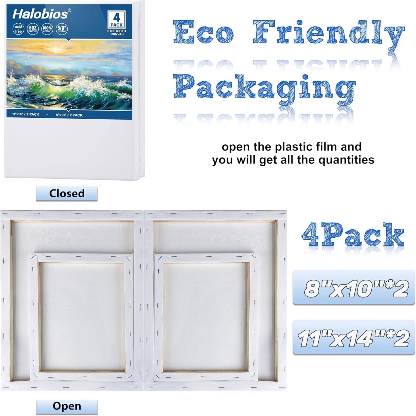 4 Packs Blank Canvases for Painting with 8x10in,11x14in(2 of Each), Stretched Canvases for Acrylics, Oils & Other Painting Media, 100% Cotton, 5/8 Inch Profile of Super Value Canvas Pack
