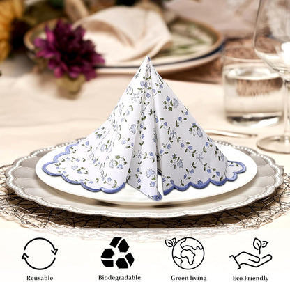 Ridhi Powder Blue Hand Block Print Napkins 18" x 18" Set of 4 Reusable Cotton Dinner Napkins for Weddings, Parties & Everyday Dining, Thanksgiving, Christmas, Fall