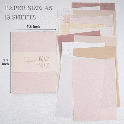 13 Sheets Textured Scrapbook Paper Assorted Set - Mixed Special Craft Paper for Scrapbooking Junk Journaling Supplies Bullet Journal Planner Collage Card Embellishment 5.8x8.3 Inch A5 (Cherry Blossom)