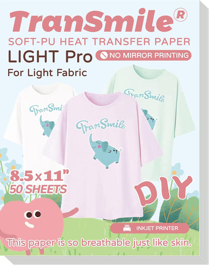TranSmile PU-Heat Transfer Paper for T Shirts (50 Sheets, 8.5x11'', Light), Iron on Transfers for Light Fabric, Printable Heat Transfer Vinyl for Inkjet Printer