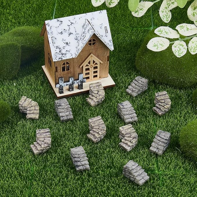SUPERFINDINGS 12Pcs 2 Styles Miniature Steps Decoration Miniature Stone Stairs Resin Steps Mini Lighthouse Water Well Bridge Figurines for Garden DIY Kit Statues