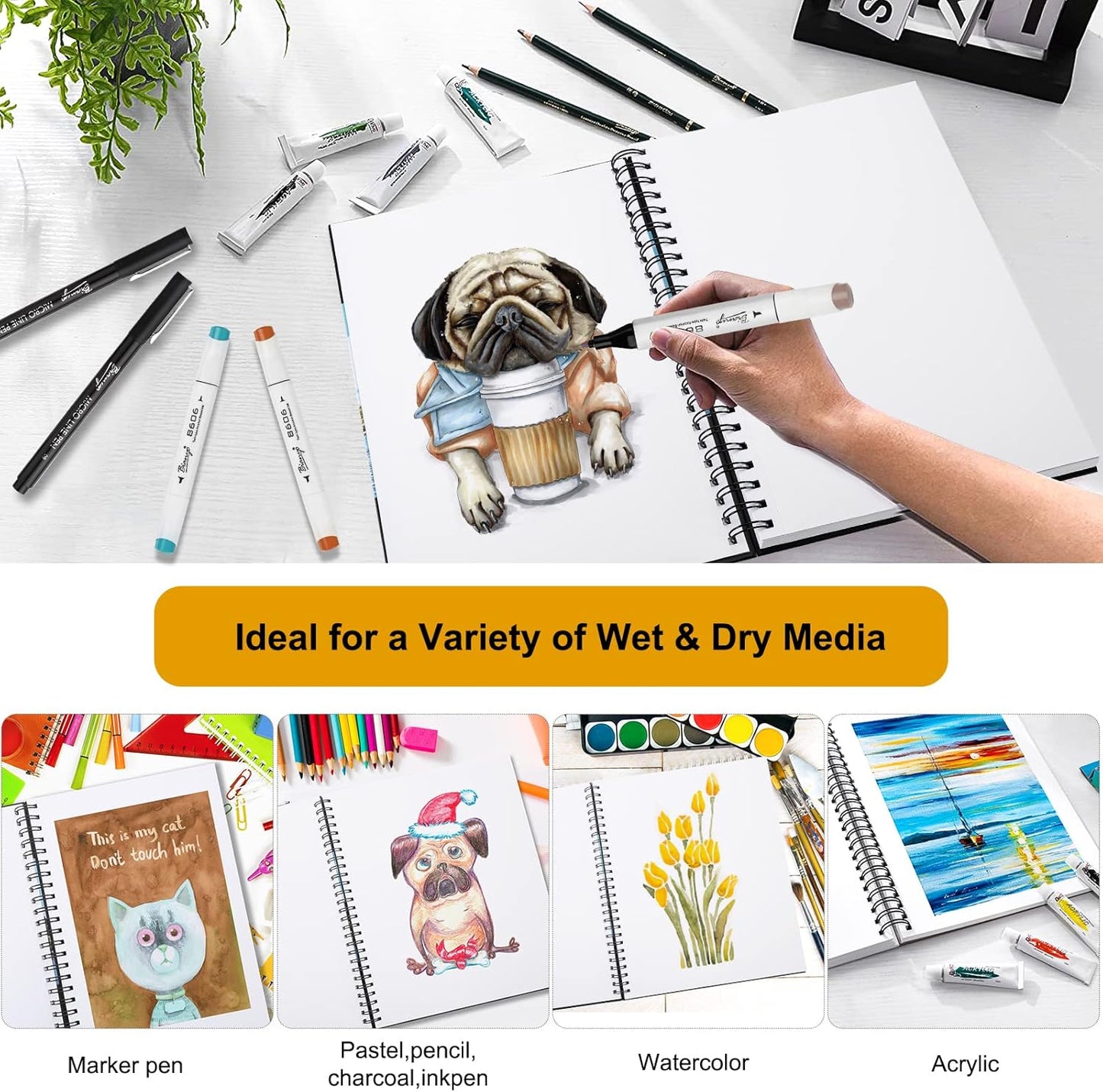Bianyo Mixed Media Paper Sketchbook, A4 (8.26" X 11.69"), 60 Sheets/Each, 123 LB/200 GSM, Pack of 2 Pads, Spiral-Bound Pad, Ideal for Wet & Dry Media Like Marker, Watercolor, Acrylic, Pastel, Pencil - Crafty Corner