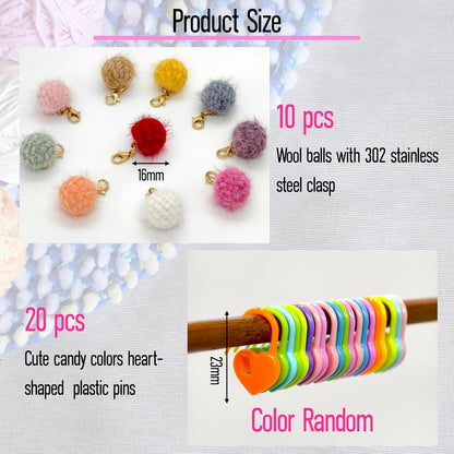 10 Pcs Cute Wool Ball Stitch Markers for Crocheting with Alloy Lobster Clasps & 20 Pcs Heart-Shaped Knitting Markers,for Knitting & Crochet Supplies,Suitable for Various Yarn thicknesses.