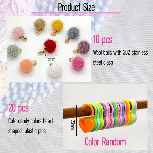 10 Pcs Cute Wool Ball Stitch Markers for Crocheting with Alloy Lobster Clasps & 20 Pcs Heart-Shaped Knitting Markers,for Knitting & Crochet Supplies,Suitable for Various Yarn thicknesses.