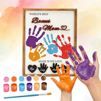 Bonus Mom Gifts DIY Handprint Kit Personalized Keepsake Frame, Gifts for Stepmom Step Mother Christmas Birthday Mother Gift, Bonus Mom Gift from Daughter Son Family Craft