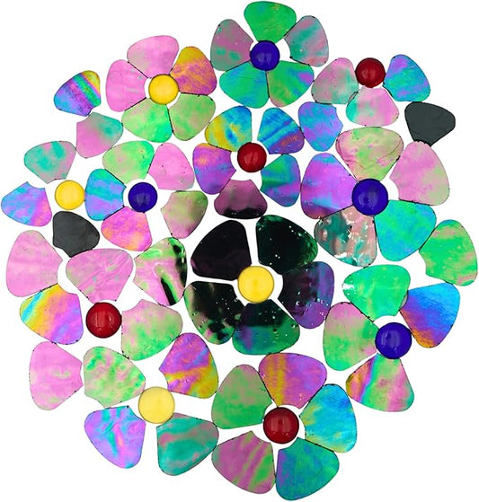 Iridescent Flower Mosaic Tiles – 12pcs Mixed Sizes, 5-Petal Iridescent Mica Flowers with Center Beads for DIY Mosaic Art, Fairy Garden, Home Craft, Outdoor Decor (Iridescent Black)