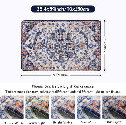Lahome Bohemian Floral Medallion Area Rug - 3x5 Blue Soft Entryway Rug Washable Bedroom Mat, Cute Non Slip Indoor Office Carpet for Kitchen Mudroom Bathroom Coffee Table Hall Foyer
