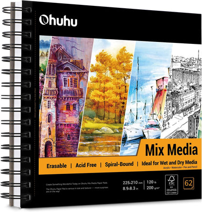 Mix Media Pad, Ohuhu Mixed Media Art Sketchbook, 120 LB/200 GSM Heavyweight Papers, 62 Sheets/124 Pages, Spiral Bound Mixed Media Paper Pad for Christmas Gift - Crafty Corner