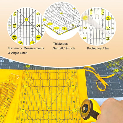 Quilting Ruler, 8 Piece Acrylic Quilting Templates, Sewing Ruler, Fabric Cutting Ruler with Non-Slip Rings, Quilting and Sewing (6"x17", 3"x17", 2"x16", 1.5"x12", 1"x12", 1"x6", 8"x3") (Yellow)