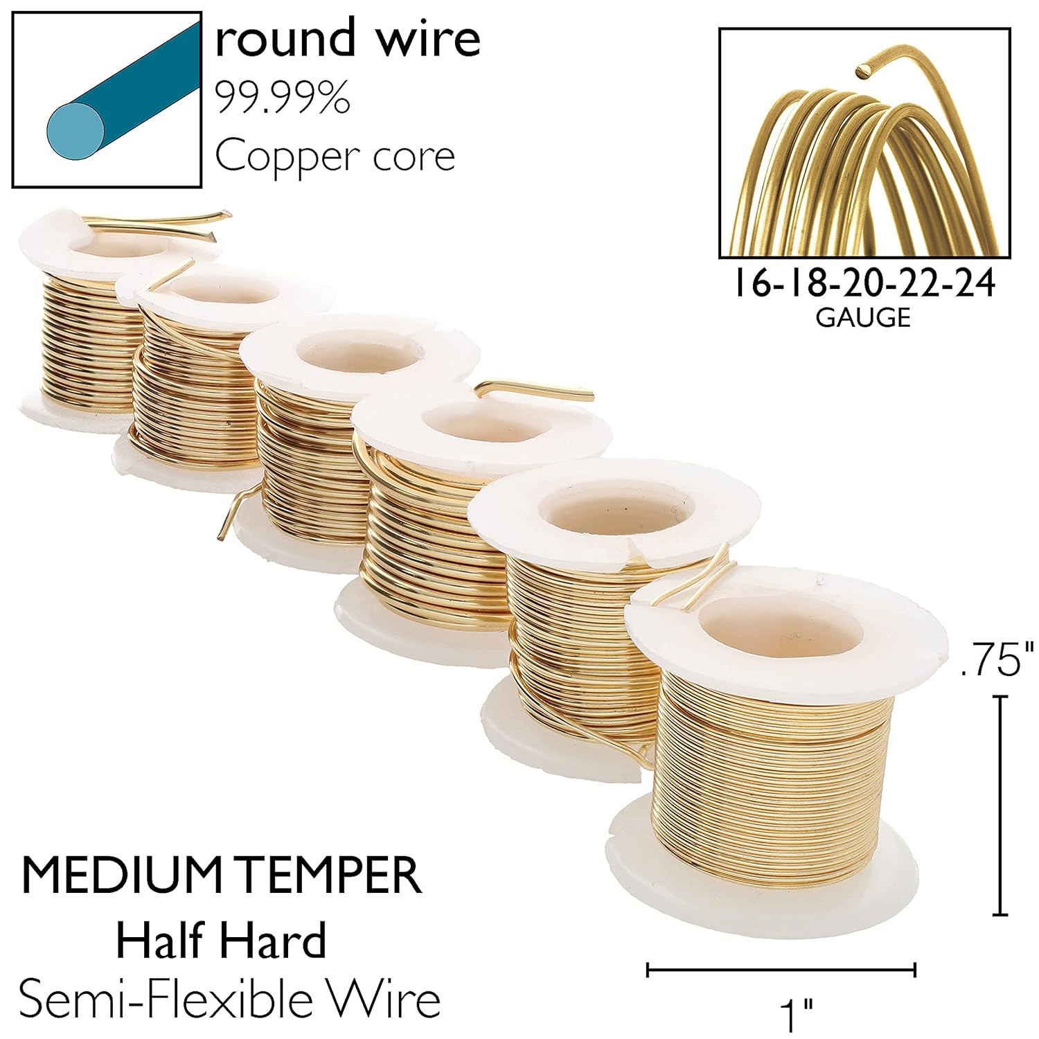 The Beadsmith Craft Wire Assortment - Tarnish-Resistant Copper Wire for Jewelry Making, 6-Pack, 0.75-Inch Mini Spools, Varying Lengths, 16-24 Gauge, Gold Color, Medium Temper - Crafty Corner