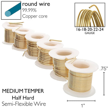 The Beadsmith Craft Wire Assortment - Tarnish-Resistant Copper Wire for Jewelry Making, 6-Pack, 0.75-Inch Mini Spools, Varying Lengths, 16-24 Gauge, Gold Color, Medium Temper - Crafty Corner