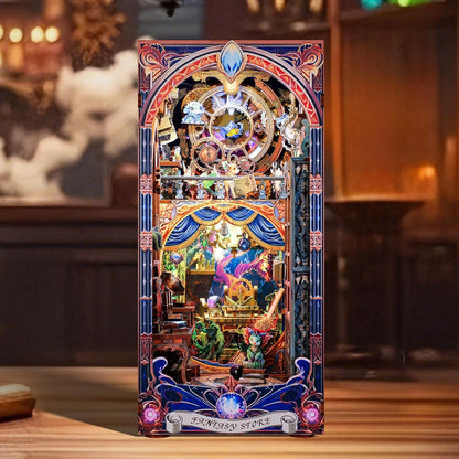 3D Wood Puzzle Book Nook Kit, Fantasy Store Bookshelf Insert with LED Lights, DIY Magical Miniature Bookend Décor for Display, Unique Craft Gift for Adults and Teens (Fantasy Store)