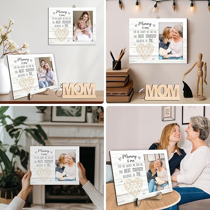 4x6 Covered Mommy and Me Picture Frame Portrait with Keychain, I'm as Lucky as Can Be Wooden Photo Plaque Appreciation Mothers Day Birthday Gifts for New Mom Grandma Nana from Son Daughter HU-FR323