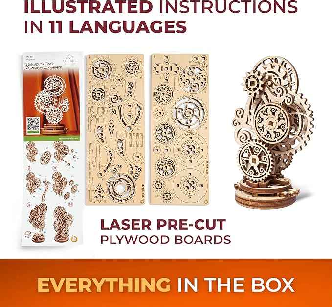 UGEARS Steampunk Clock 3D Wooden Puzzles for Adults - Wooden Model Kits for Adults Mechanical Build a Clock Kit Steampunk Decor Clocks Puzzle Brain Teaser, Hobby Set Home Decoration
