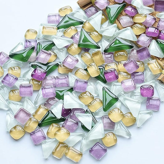 200g Pack of Mosaic Tile Supplies for DIY Crafts, Plates, Picture Frames, Flowerpots, Handmade Jewelry – Irregular Size Square Triangle Rectangle Glass Decorative Tiles (Purple Green White Mix)