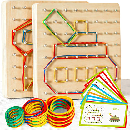 2Pack Wooden Geoboard Montessori Toys - Wood Geo Board Manipulative Geoboards for 4 5 6 Year Old Kids with Pattern Cards and Rubber Bands,Brain Teaser STEM Toy for Boys Girls Ages 3-6